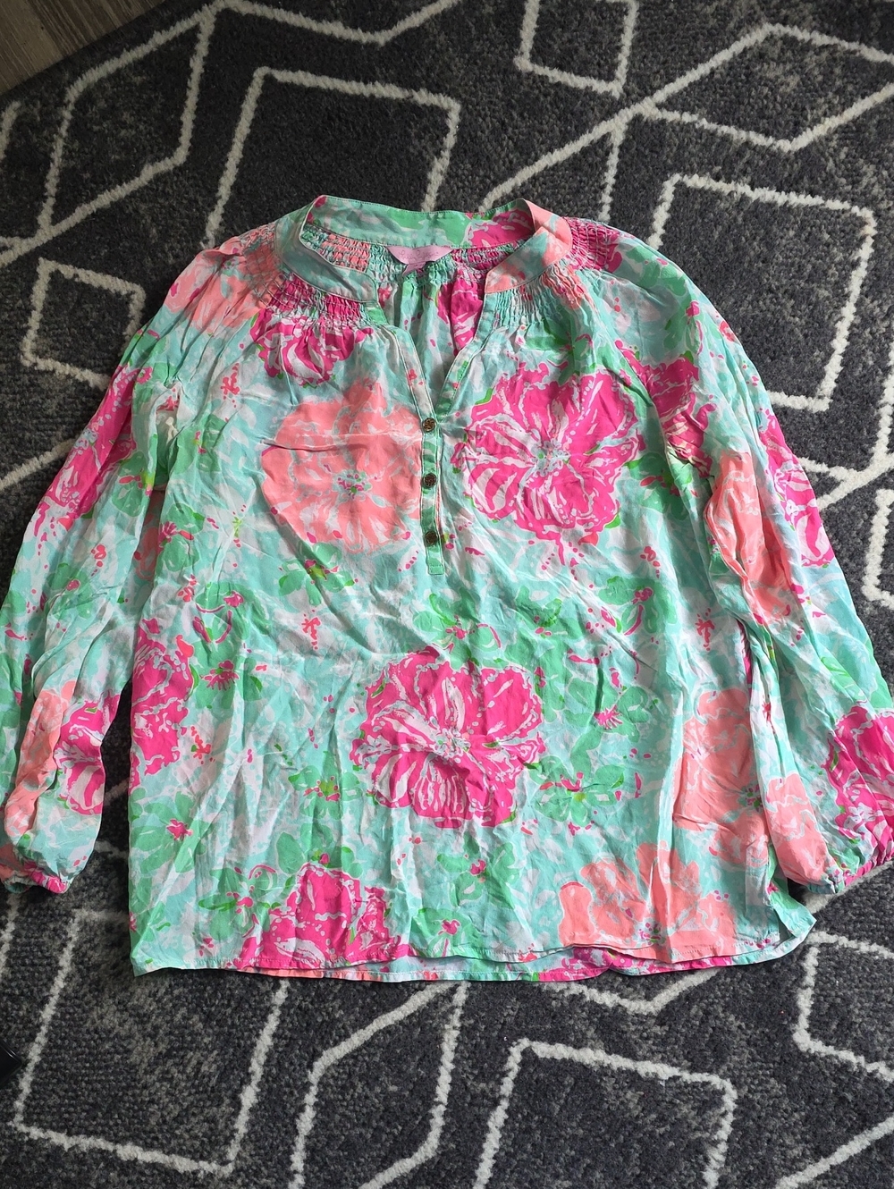 Lilly Pulitzer Pink & Aqua Floral Peasant Blouse